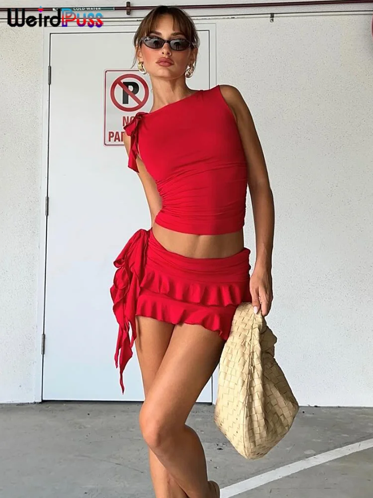 Dziwne kotki damskie 2-częściowy komplet plisowana plisowana spódniczka z frędzlami Mini + bandaż Slim Tank Top Festival Sexy pasujące stroje