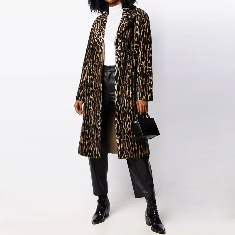 Fashion Design Women Windbreaker 2025 New British Style Velvet Leopard Print Long Jacket