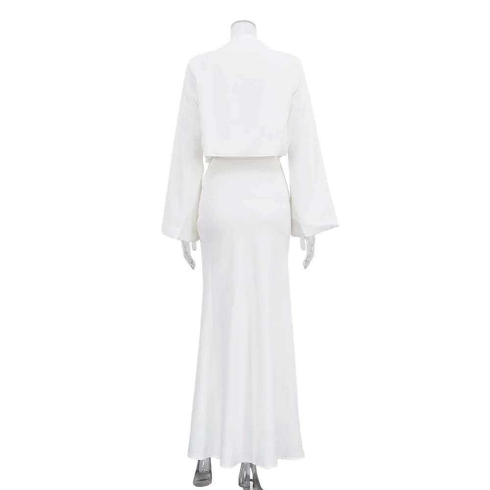 TWOTWINSTYLE Simple Fashionable Two Piece Set for Women V Neck Flare Sleeve Short Top Fishtail Long Skirt Commuting Suit Female