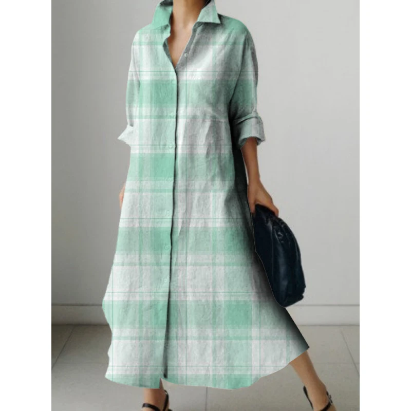 Polo Neck Shirt Dress Soft Skin Friendly Long Sleeve Shirt Dress Plaid 3D Printed Long Sleeve Lapel Dress Long Sleeve Dresses