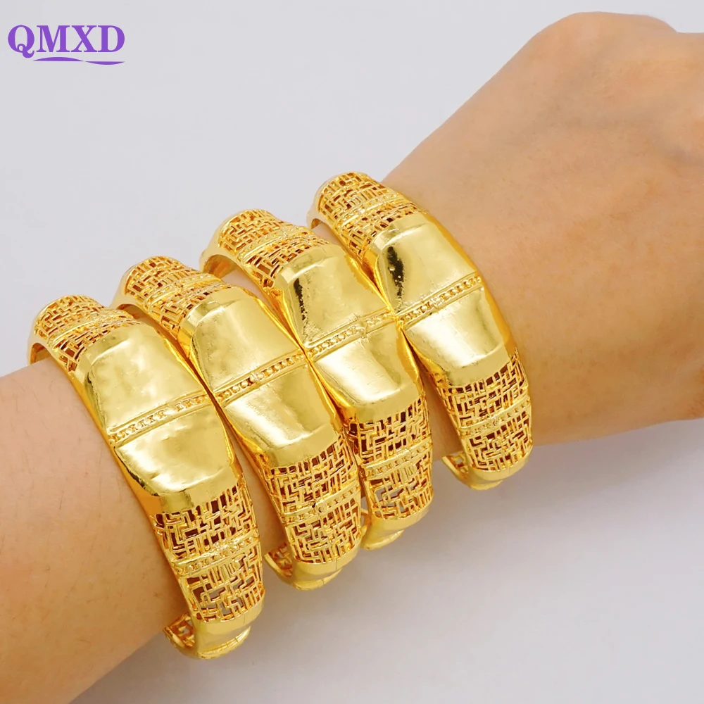 Luxury 4pcs/Lot Dubai Ethiopian Gold Color Cuff Bangle For Women African Wide Cuff Bracelet Middle East Bangles Hawaiian Jewelry