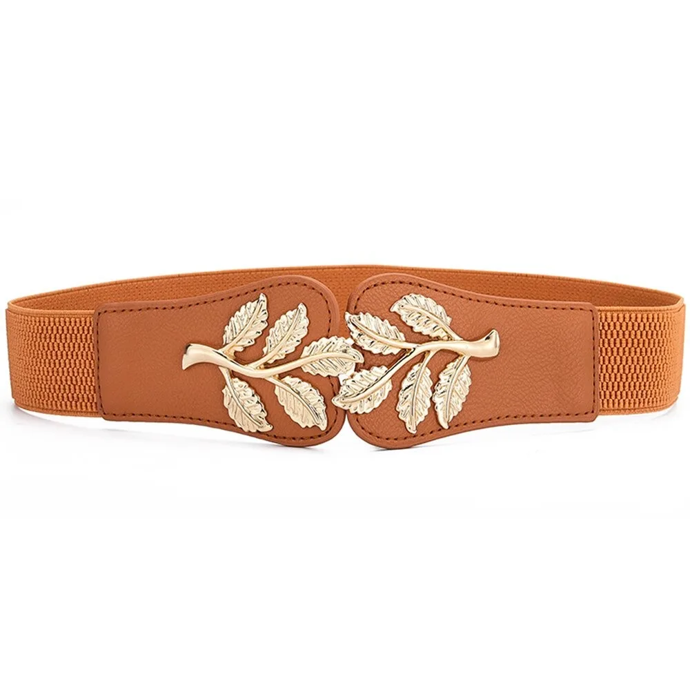 Cinturón ancho con botones que combinan con todo para mujer, hoja dorada, diseño de lujo, cintura elástica combinada con falda