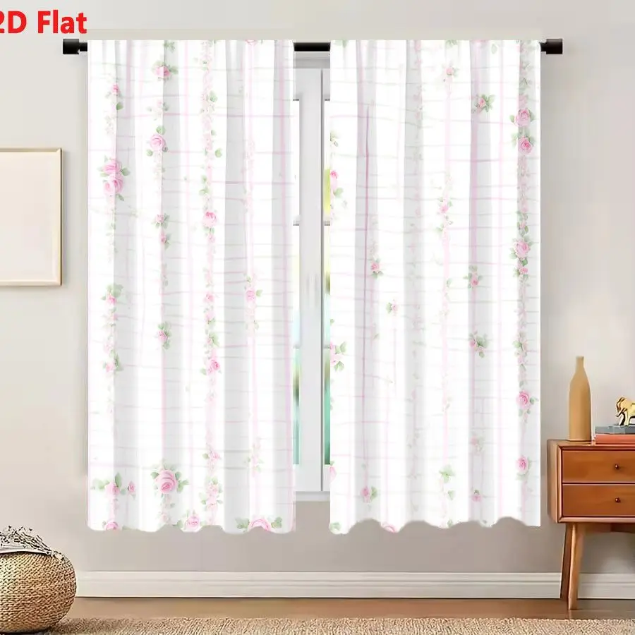 2Pcs Curtains 2D Flat Light Pink Grid With Delicate Pink Roses And Green Leaves Floral Pattern On White Background Window Drapes