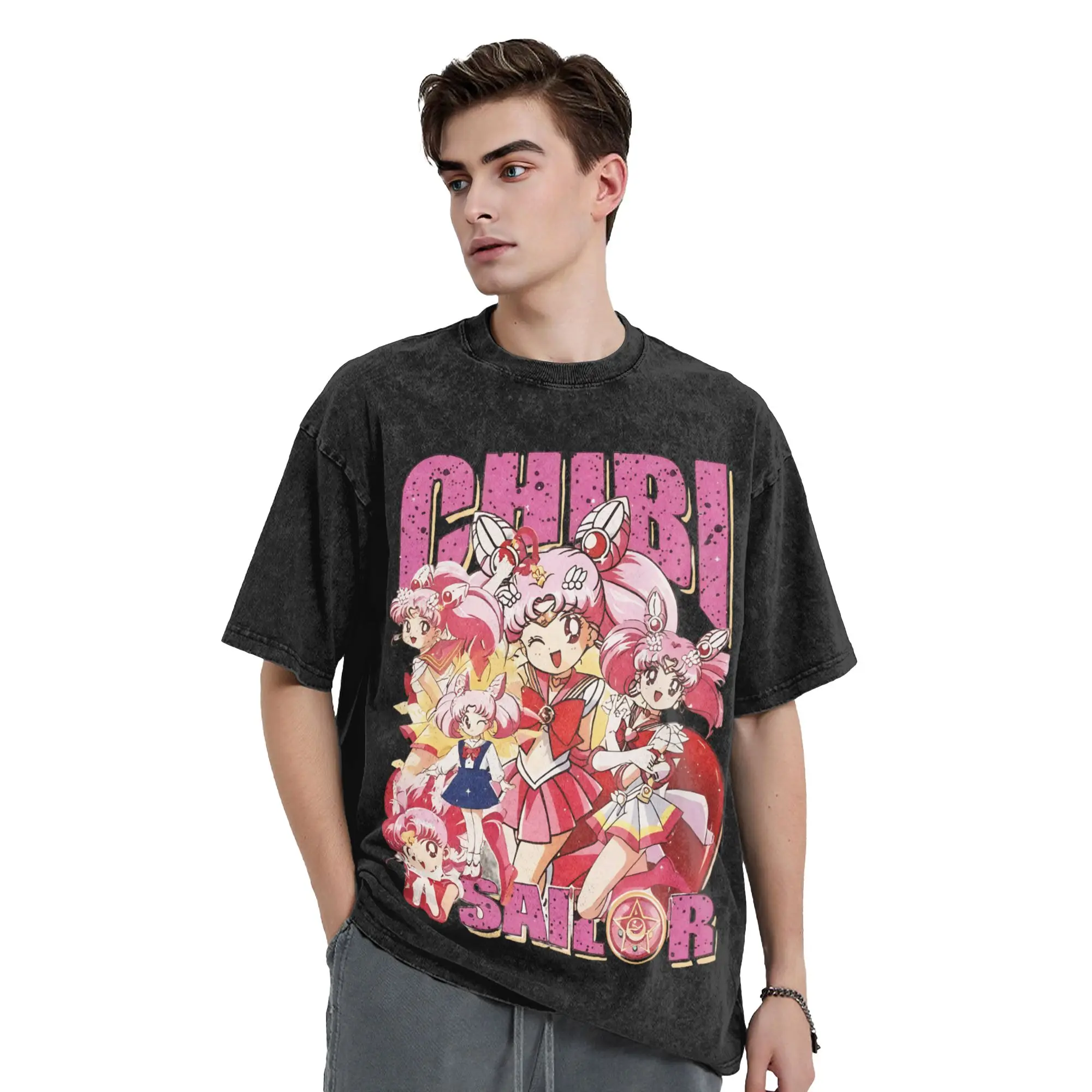 Washed T Shirt Sailor Moon Chibiusa Cartoon Hip Hop T-Shirt Harajuku Streetwear Cotton Summer Tops Tops Tees for Men Women