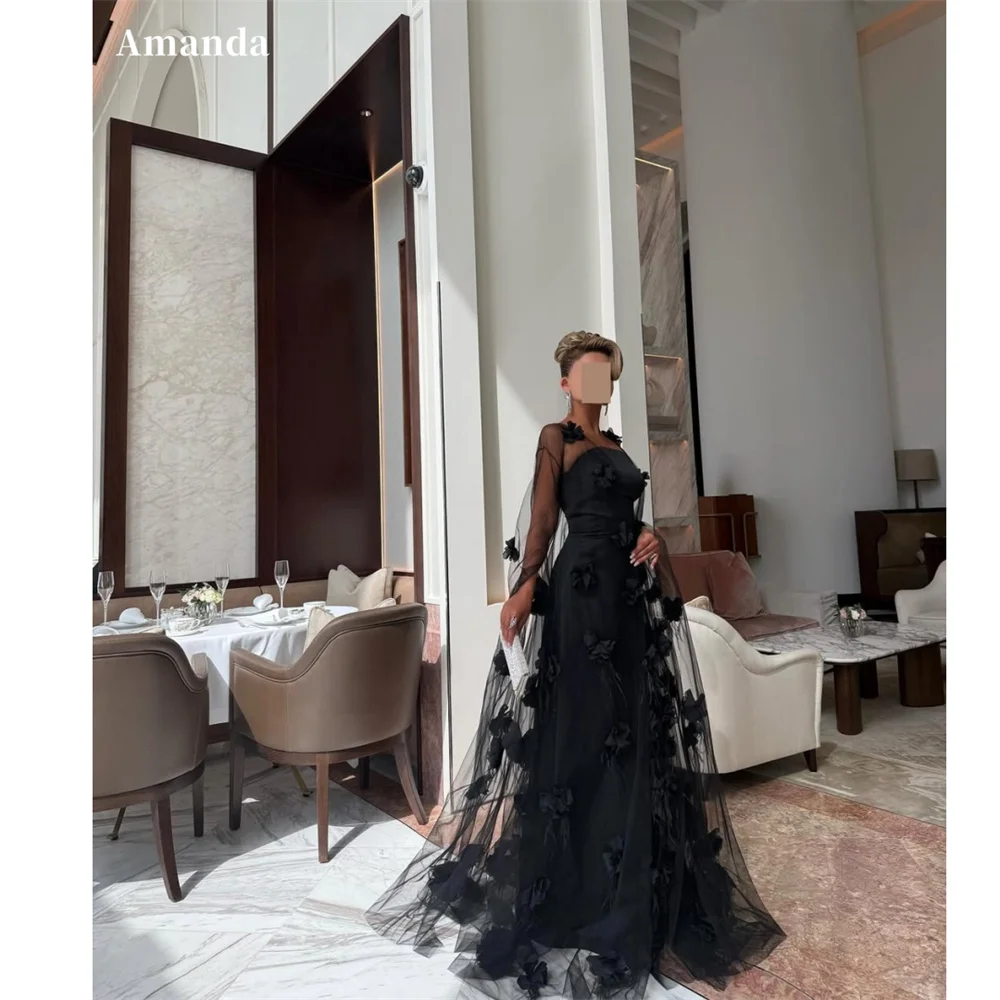 

Amanda Customized Black Strapless Appliques Prom Dress Shawl Sheer Sleeves vestidos de noche Elegant Floor-Length Formal Evening
