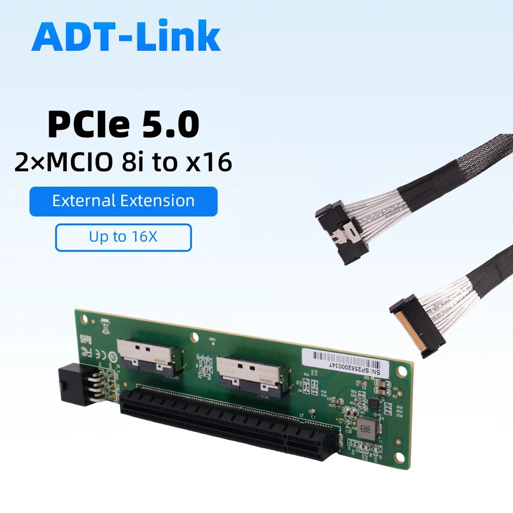 

PCIe 5.0 MCIO-8i To X16 Riser Backplane, 2-Port External Extension Adapter, MCIO 8i Cable for GPU Dock & Server Workstation