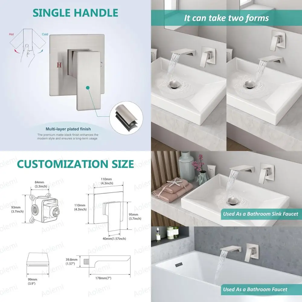 

Single Handle Brushed Nickel Wall-Mounted Sink Faucet with Waterfall Tub Filler