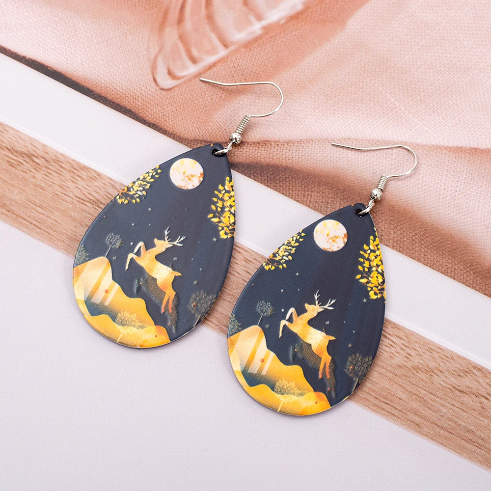 Water Drop Acrylic Earrings For Women Vintage Trend 2026 Auspicious Style Gold Color Deer Pattern Daily Wear Lightweight Jewelry