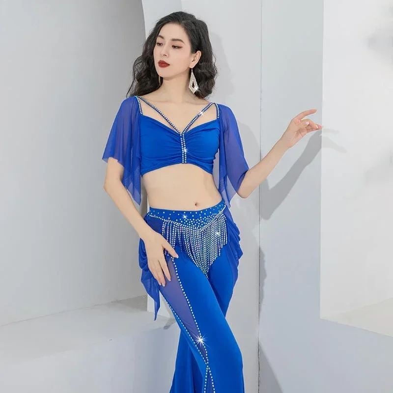 Top com decote em v + calças com cinto de borla calças flare adulto dança oriental roupas de treinamento profissional conjunto de prática de dança do ventre