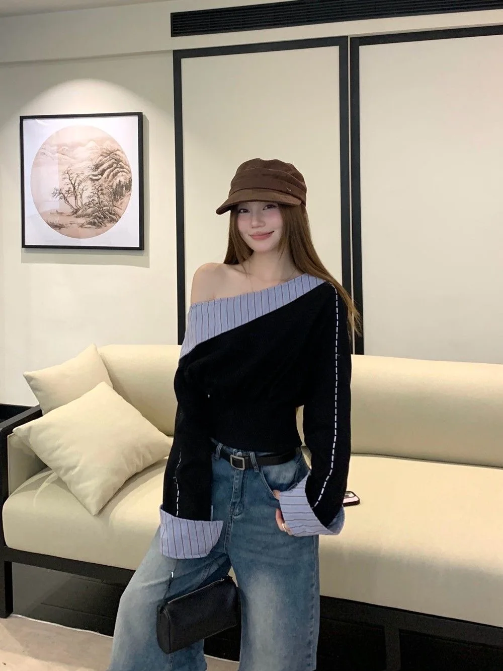 لقطة حقيقية الخريف مصمم كتلة اللون شريط تقسم غير المتماثلة الكتف طويلة الأكمام البلوز المرأة سليم صالح تنوعا Casua