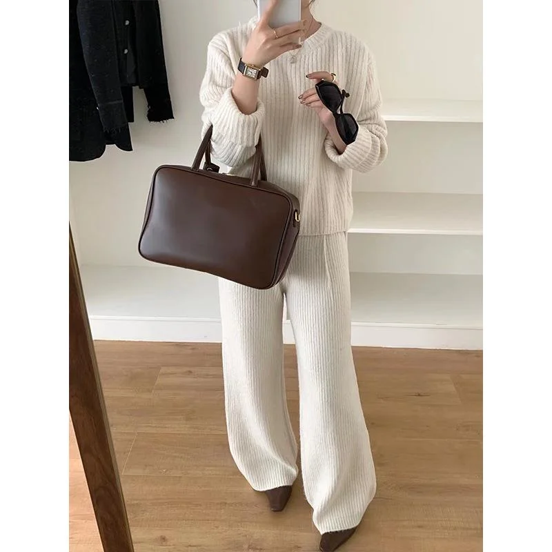 [EWQ] Minimalist Casual Style Long Sleeve Sweater And Knit Wide Leg Pants Solid Women Set Clothing 2024 Autumn New Tide 16O2229