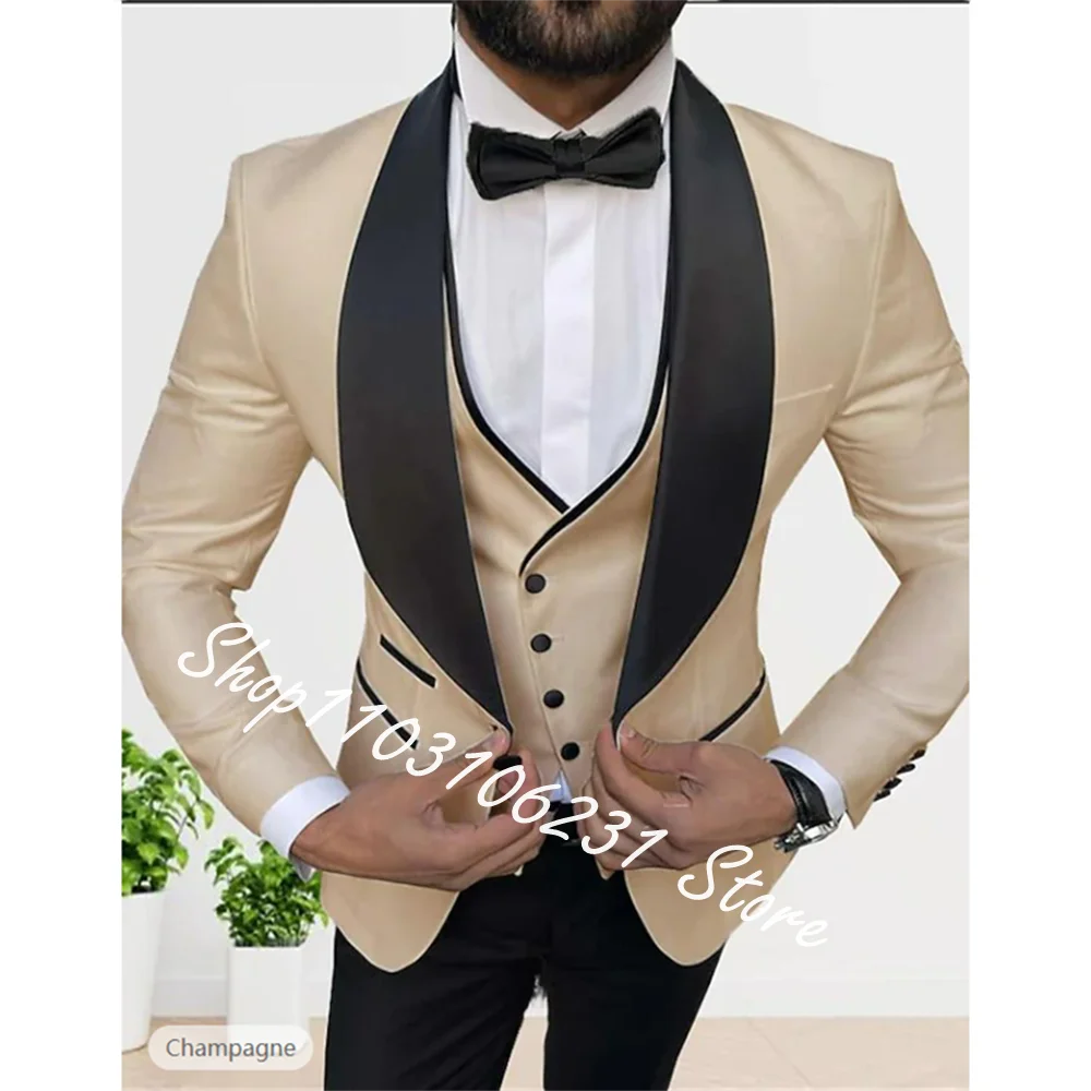 

Champagne Classic Men Suits 3 Pieces Tuxedo Shawl Lapel Groomsmen Wedding Suits Fashion Men Jacket+Pants+Vest Trajes De Hombre