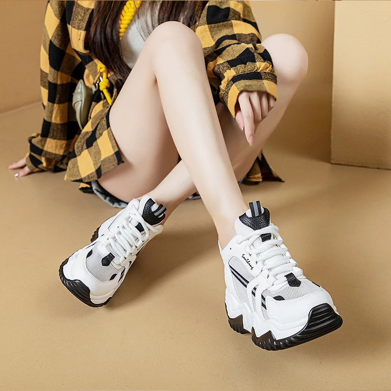 

Womens Black White Mesh Platform Chunky Sneakers Breathable Hidden Heel Lift Casual Dad Shoes For Summer Daily Walking Simple
