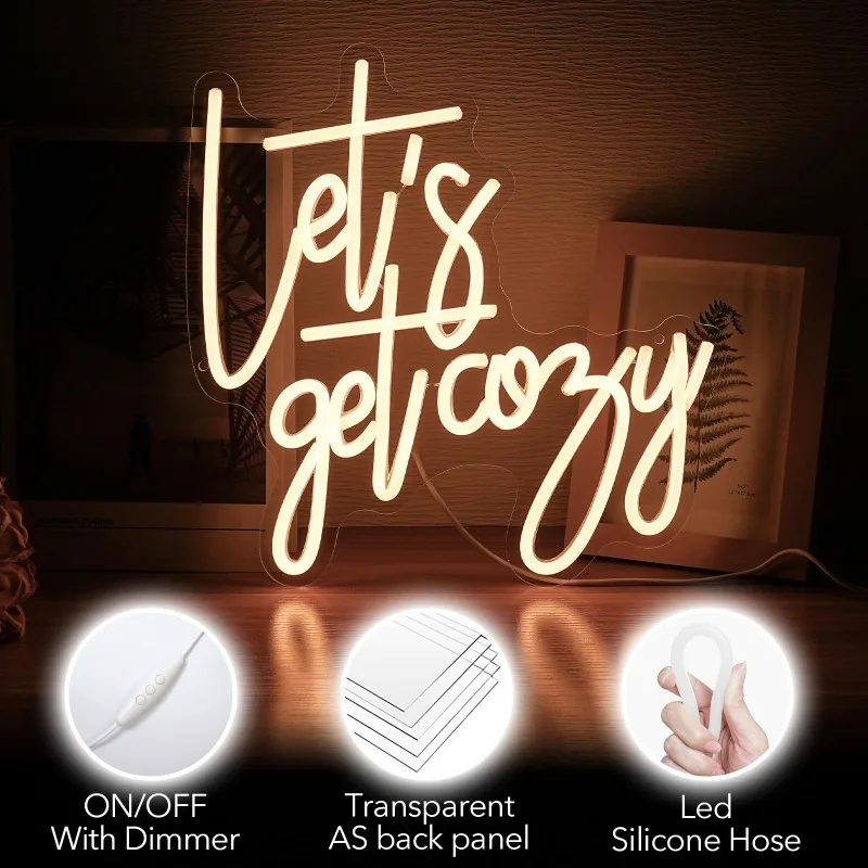 Let's Get Cozy Neon Signs Wall Decor Warm White Led Signs Usb Powered Living Room Decor Game Room (13×12.6 in)