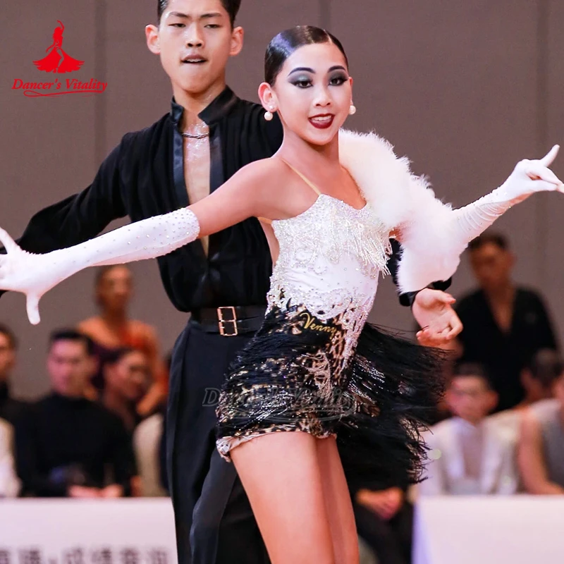 Teenagers Samba Jive Feather Style Tassels Dresses with Gloves Customize Adult Latin Dance Competition Clothes Dancer's Vitality
