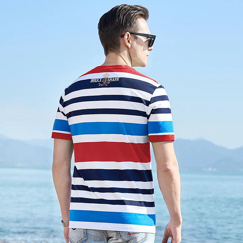 Summer New Straight Men's Round Neck T-Shirt Short Sleeved Bruce&Shark Causal Male Stripe Tees Thin Cotton Korea Style Big Size