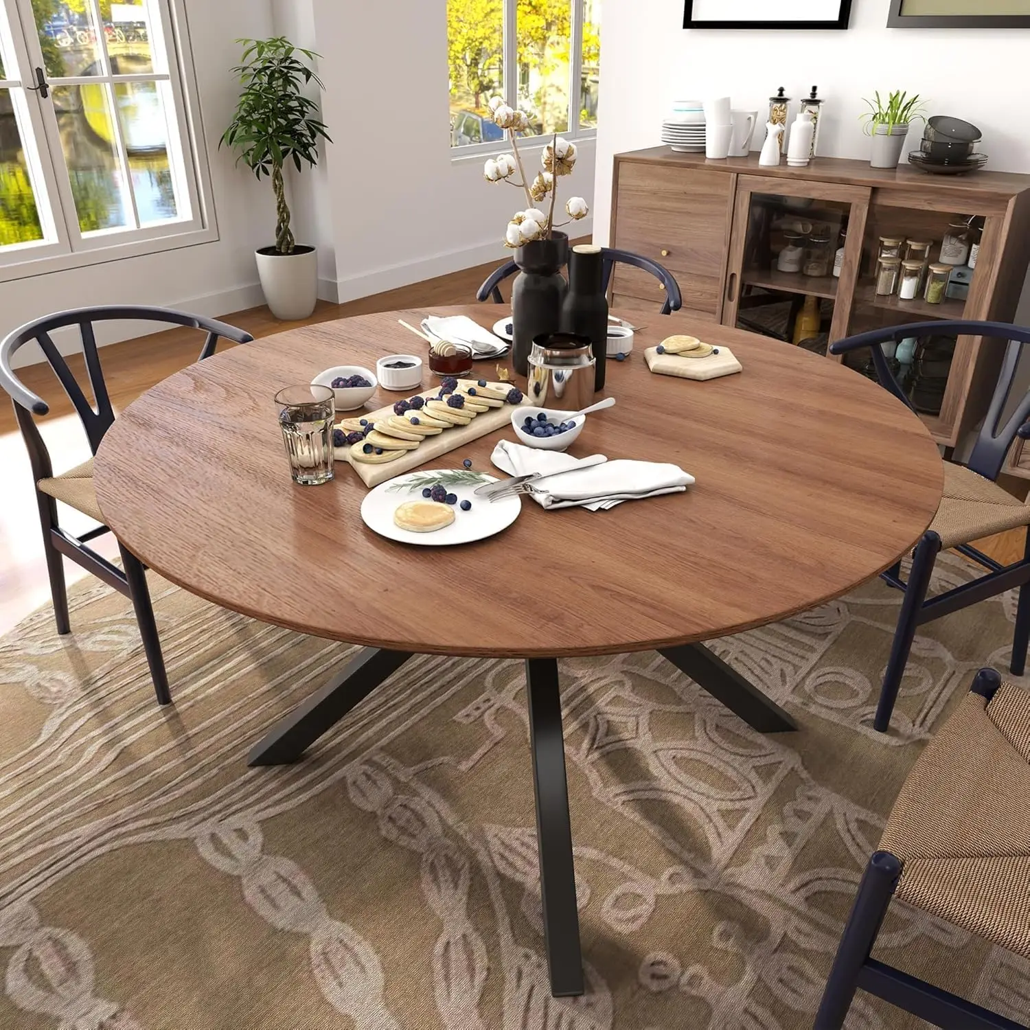 Round Dining Table for 4-6, Mid-Century Modern Dining Room Table with Metal Cross Legs, Large Wood Leisure Circle Coffee Table