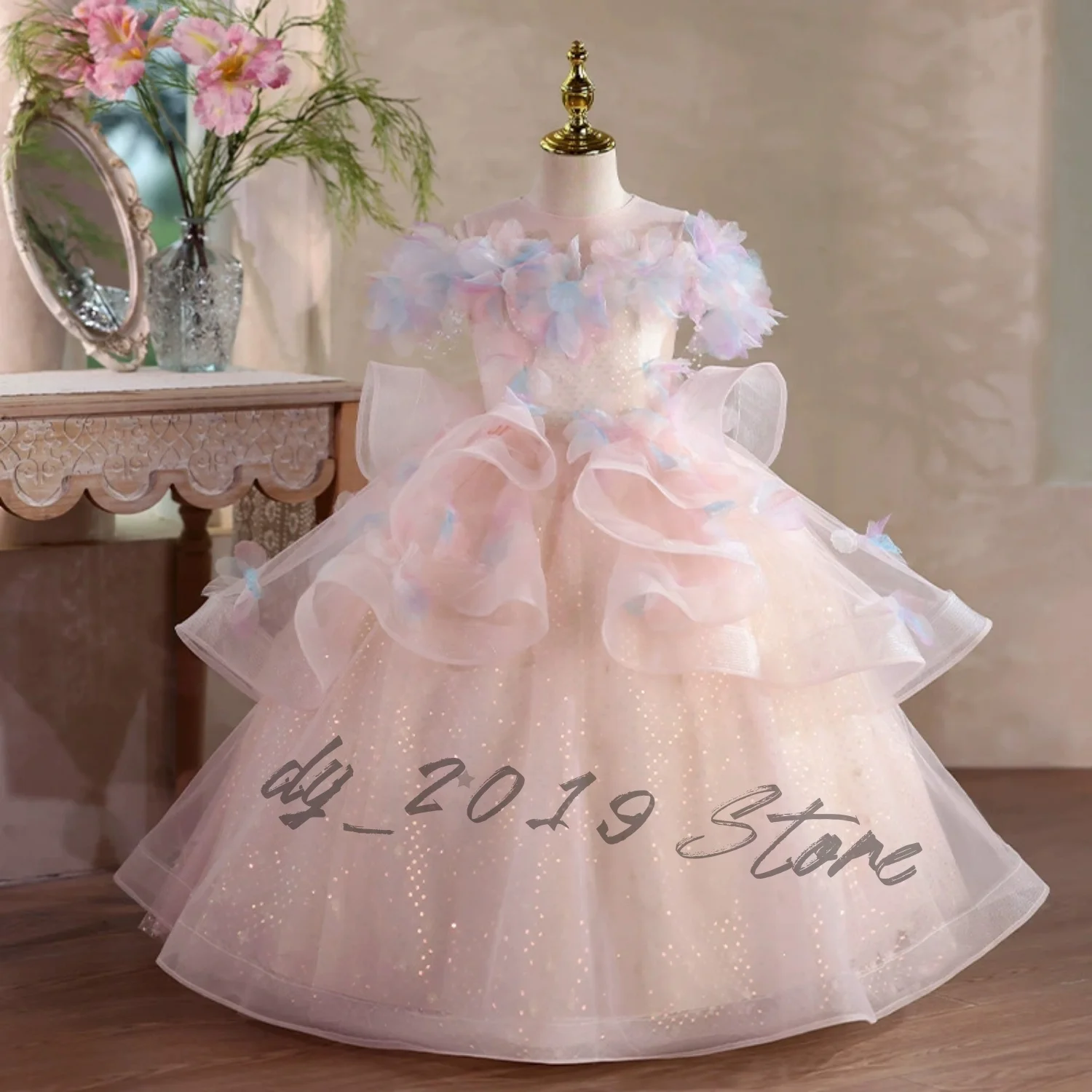 Pink Flower Girl Dress Off Shoulder Colorful 3D Flower Big Ruffle Organza Bow Glitter Tulle Long Princess Gown for Pageant