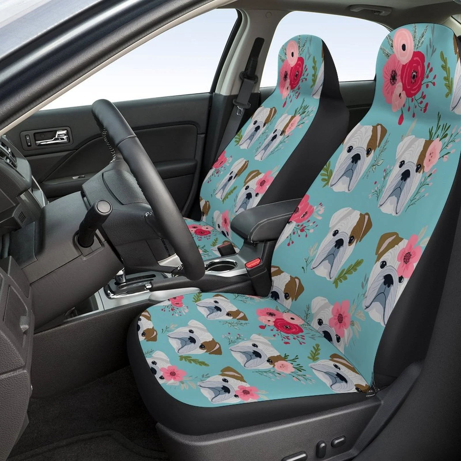 Set Of Bulldog Floral Pattern Car Seat Covers Suitable For Various Vehicles, Stylish And Cozy Covers For Car Seats, Complete Set
