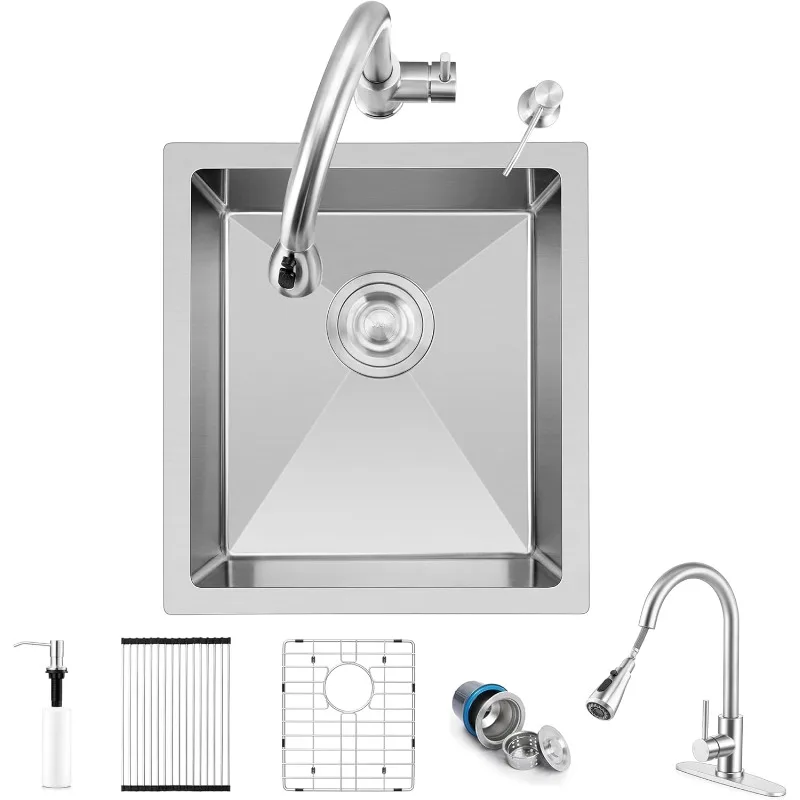 

15×17 Inch Undermount Kitchen Sink with Faucet Combo, Small Stainless Steel Deep Single Bowl Utility Sink for Rv Bar Outdoor