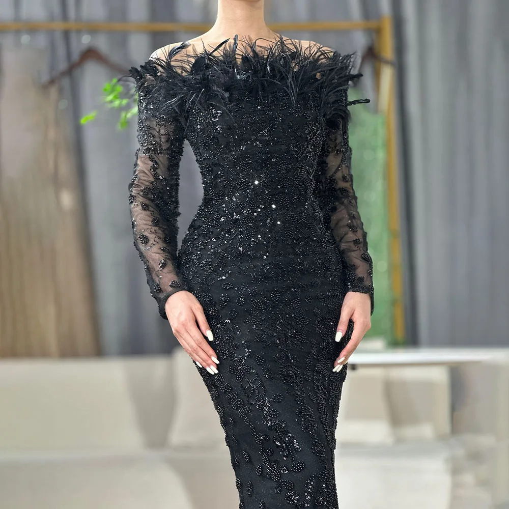 

Women’s Luxurious Sequins Evening Dress Off Shoulder Feather Elegant Slim Mesh See-through Long Sleeve Party Prom Host Dresses
