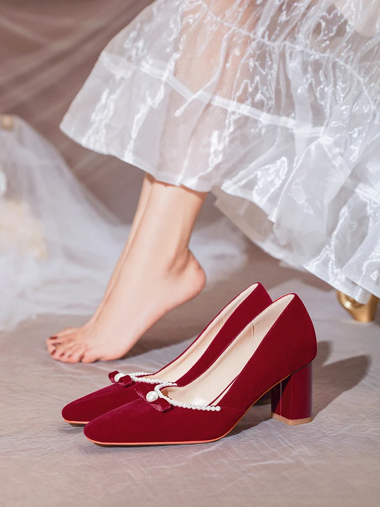 Chunky Square Heel Wedding Shoes Bride Confort Pregenat Safety Pumps Wine Red Suede Cloth Pearl Bowknot Dress Single Shoes