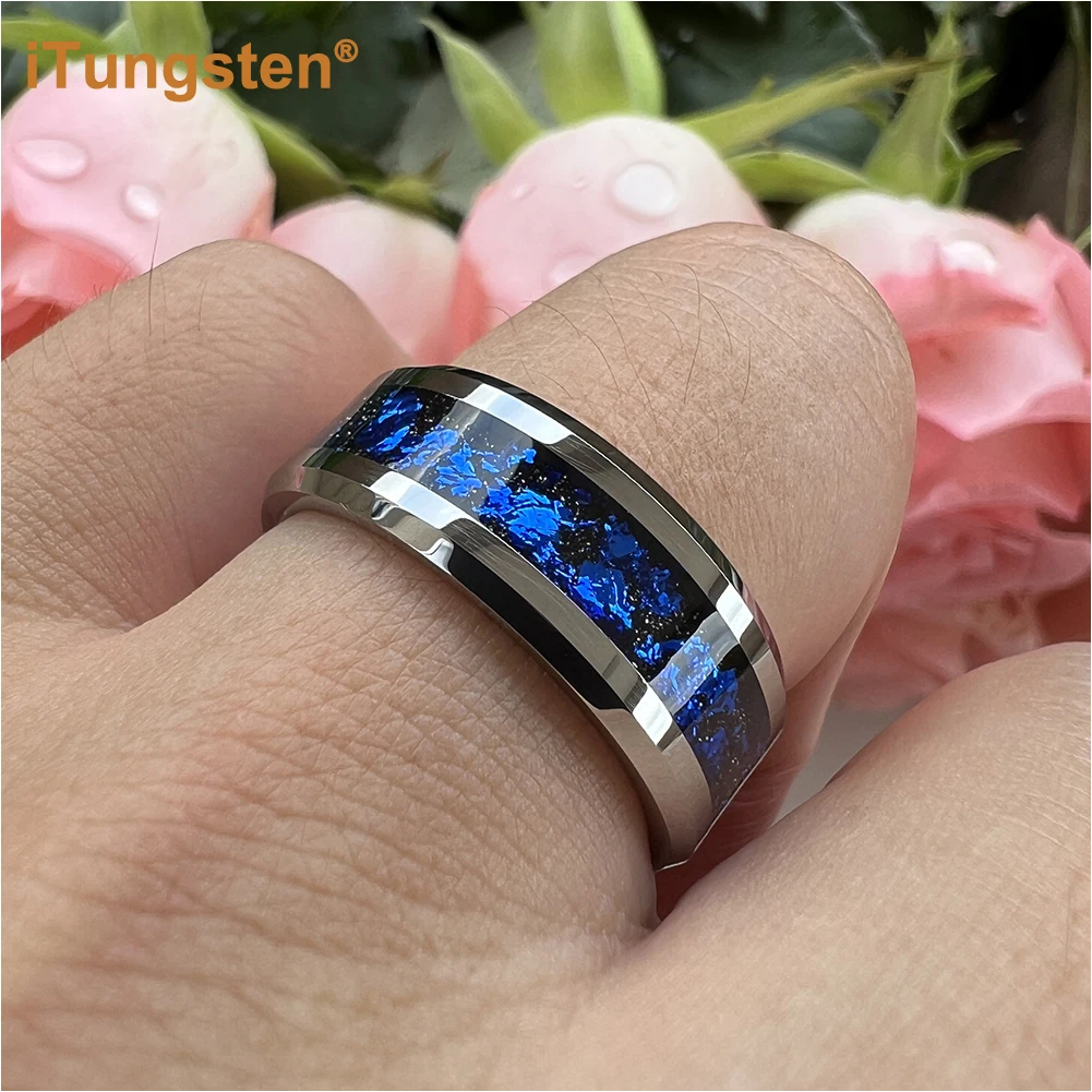 ITungsten 8mm Black/Silver Tungsten Wedding Rings for Men Women with Blue Foils Inlay Bevel Edges Polish Shiny Comfort Fit view 3