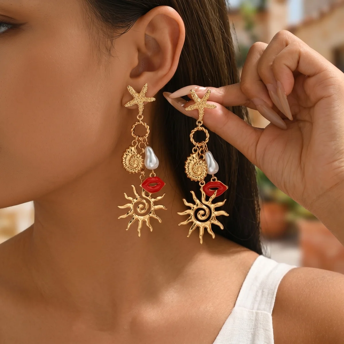 Bohemian Gold Color Starfish Sun Drop Earrings Enamel Red Lip & Pearl Charm Earrings for Women Vacation Jewelry