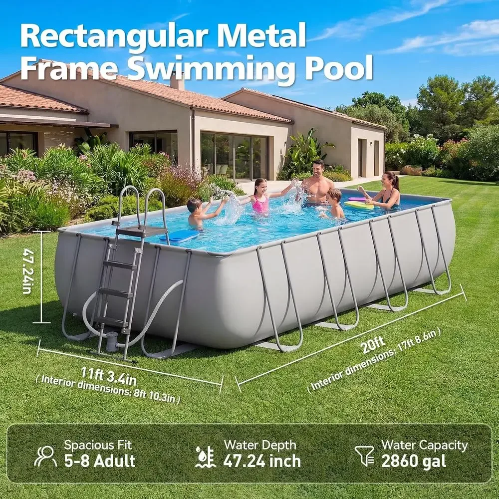 Large 18ft x 9ft Gray Above Ground Pool with Removable Ladder and Filter Pump