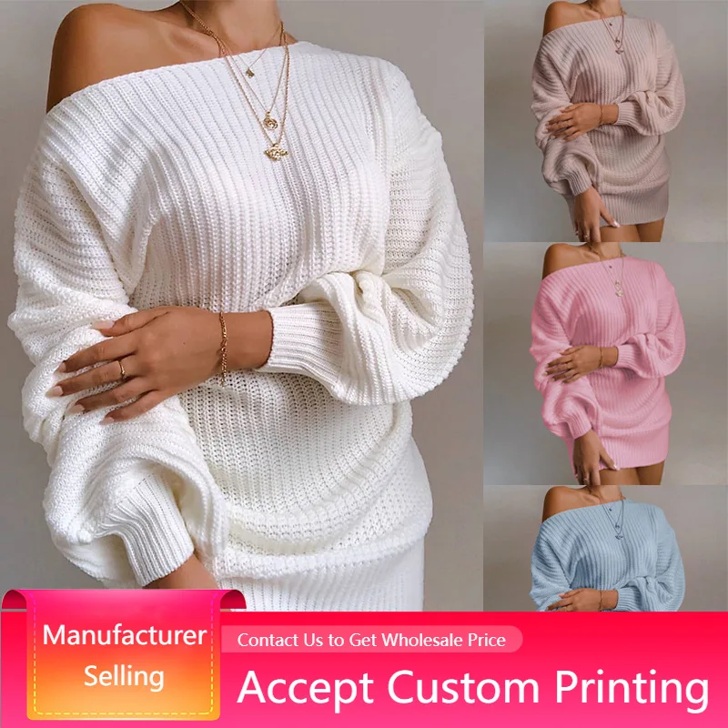

Autumn Winter Casual Women Strapless Lantern Sleeve Knitted Sweater Mini Dress Solid Color Long Sleeve Oversized Sweaters