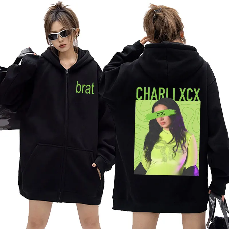 

Singer Charli Xcx Brat Album Graphic Zipper Hoode Men Women Fashion Harajuku Zip Up Jacket Men's Casual Oversized Zip Up Hoodies