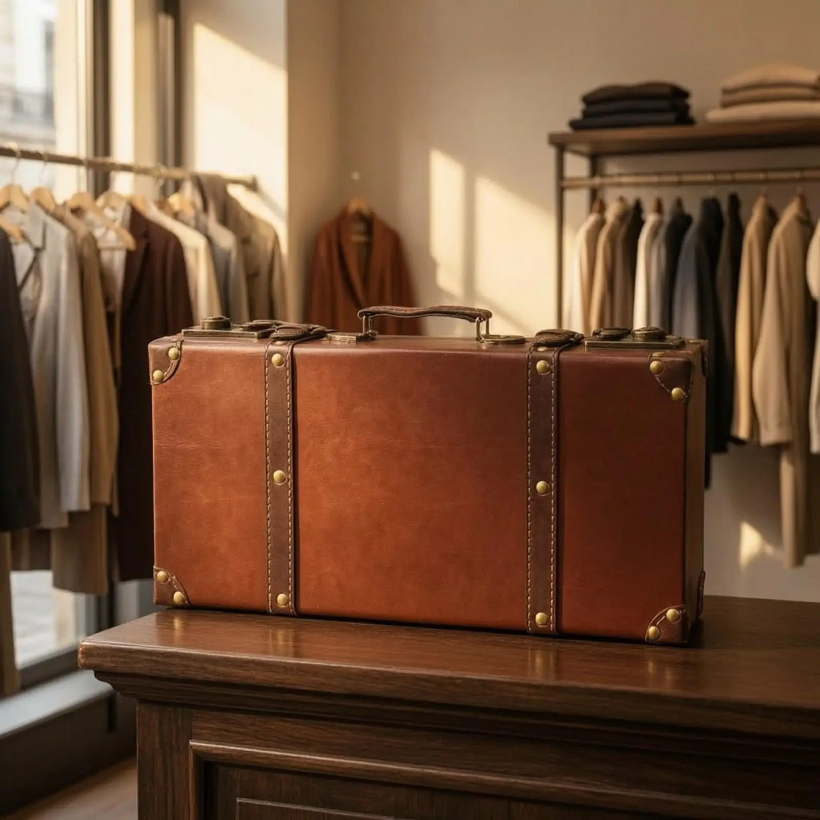 Classic Wooden Suitcase Storage Box with Metal Studs for Vintage Display Styling Jewelry Organizer and Gift Bag Accessory