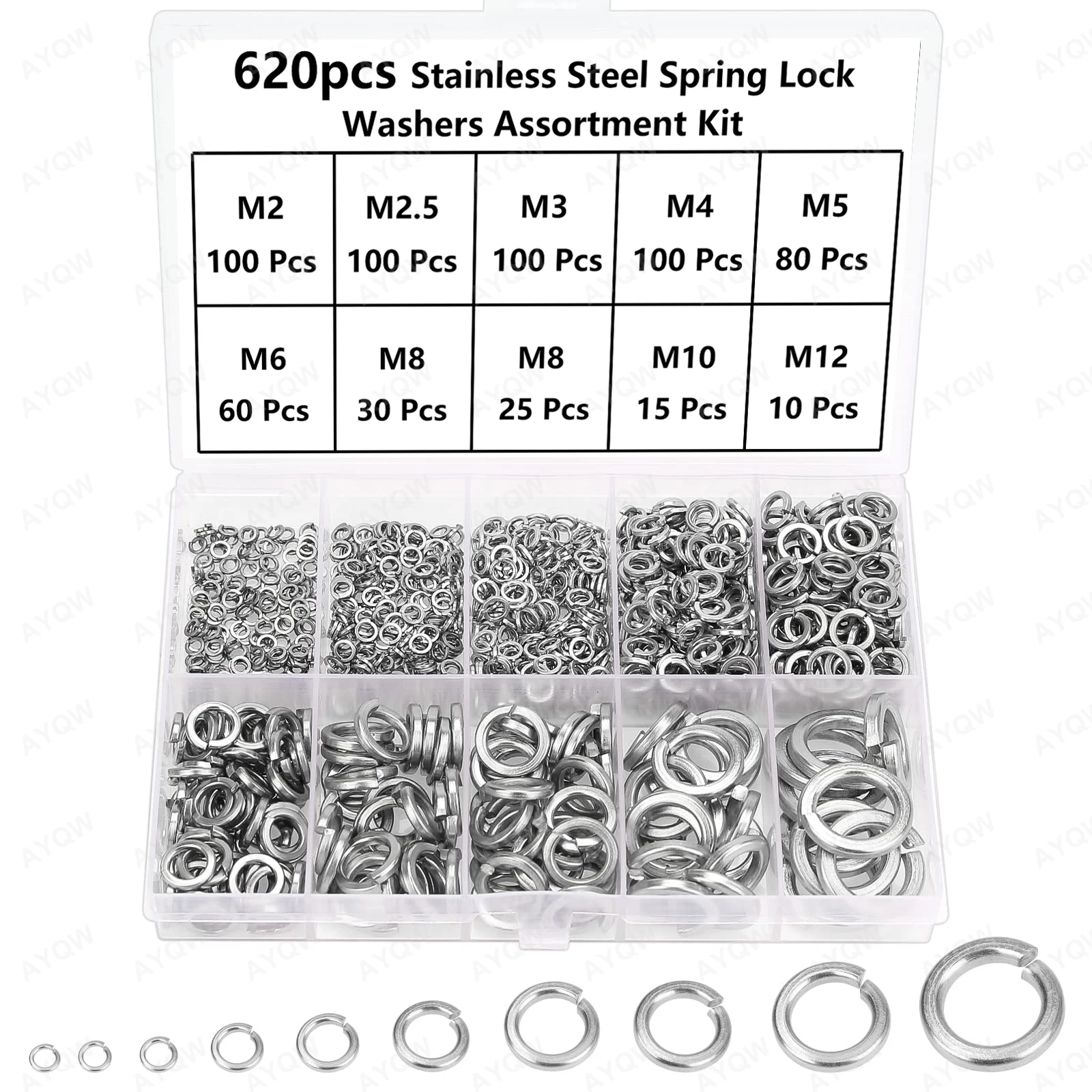 Spring Lock Washers Kit ( 620pcs) , M2-M12 Metric Split Lock Washer Set,304 Stainless Steel Lock Washers for Screws Bolts