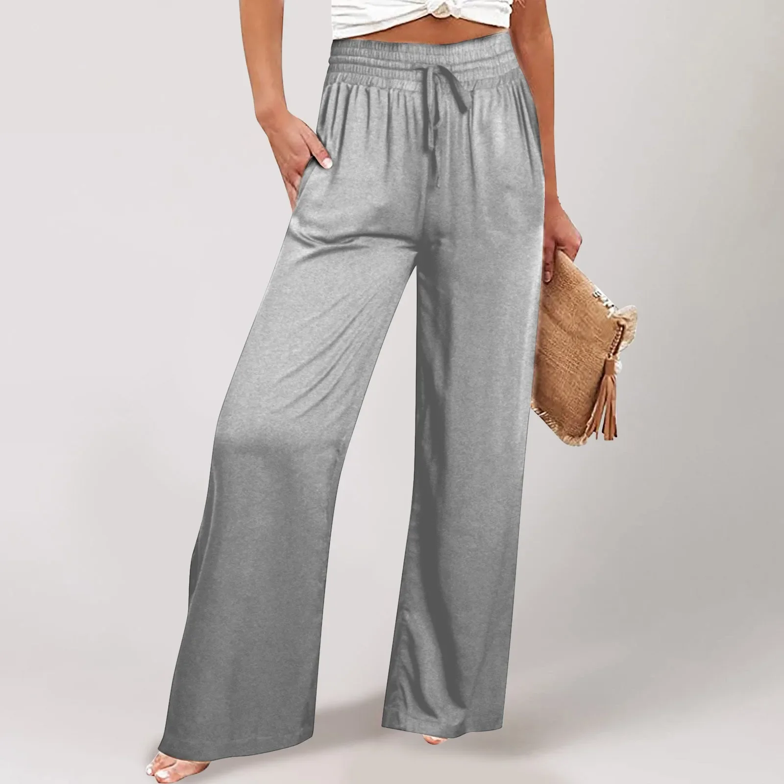 

Women Wide Leg Pants Drawstring Elastic Waist Solid Color Trousers Spring Summer Office Lady Cotton Linen Loose Casual Long Pant