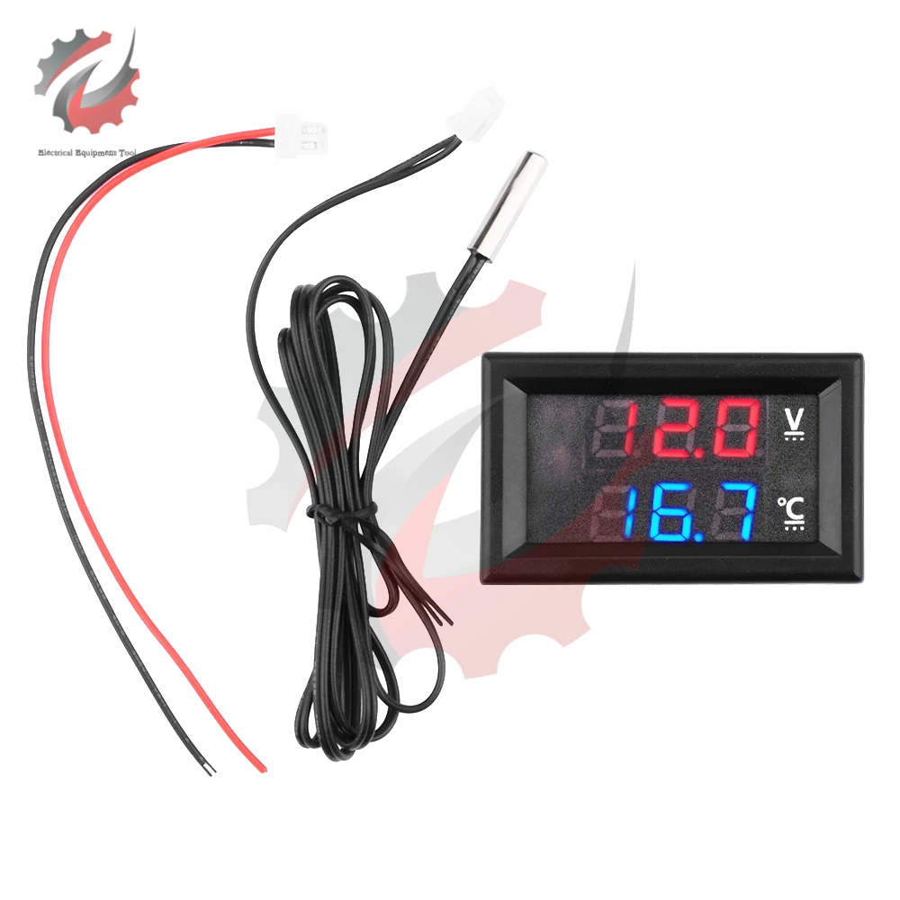 DC 4-28V LED Digital Voltmeter Thermometer -50-125℃ Vehicle Voltage Temperature Tester Meter Temperature Sensor With NTC Probe