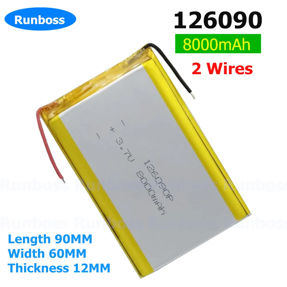 1-10PCS 126090 3.7v 8000mAh Li-ion Lipo Cells Lithium Polymer Rechargeable Battery For Speaker Portable DVD Bluetooth PSP 2-Wire