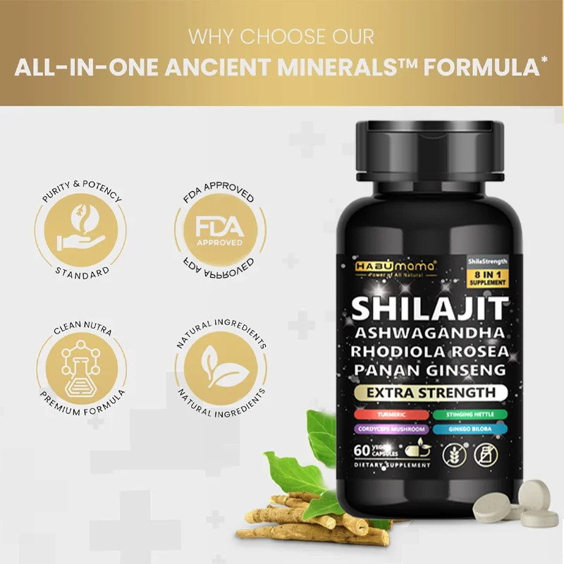 Shilajit 8 In1 - Panax Ginseng  Ashwagandha Rhodiola Rosea Turmeric Gingko Biloba Stinging Nettle Cordyceps Mushroom (60 Caps)