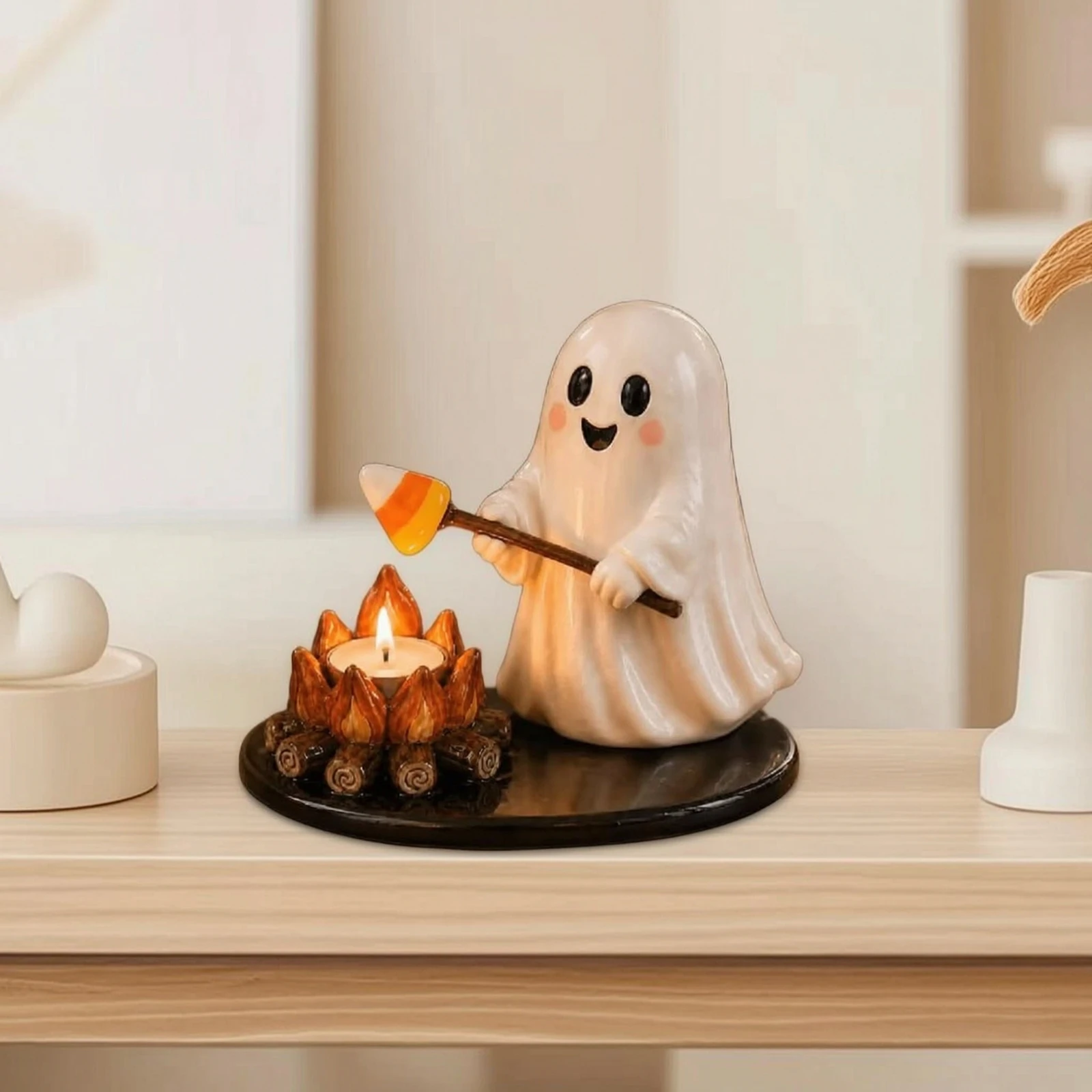 Candle Holder with Figure Halloween-Themed Tabletop Candle Holder Decor Hand-Painted Decorative for Collectors, Mantel, Shelf
