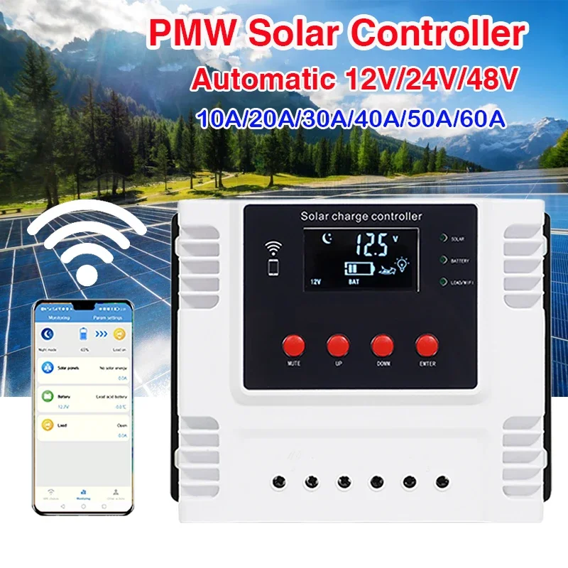 PMW Solar Controller 10/20/40A/50A/60A Real-time Data Monitoring LED Display Interface 12V/24V/48V Solar Charge Controller Wifi