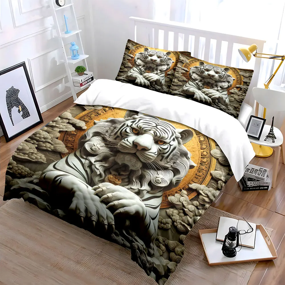 Majestic White Tiger Art Sculpture Bedding Set for Kids Luxury Gift 3pcs Digital Print Comforter Set Soft Comfortable