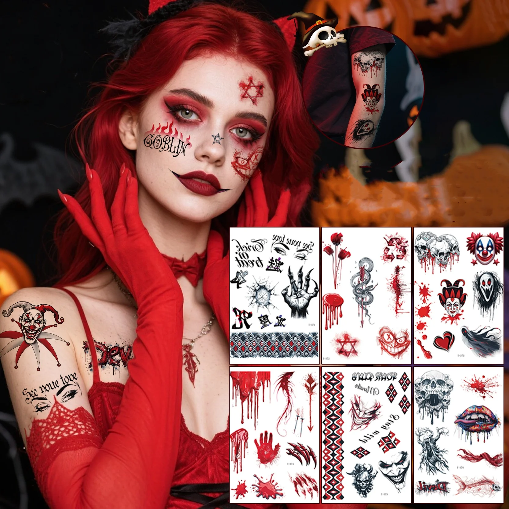 

5pcs Halloween Ghost Face Clown Tattoo Sticker Waterproof Sweatproof Festival Makeup Ball Party Face Temporary Tattoo Stickers