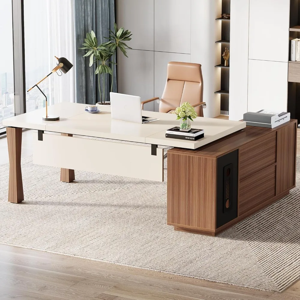 

78.7-Inch Executive Desk, L-Shaped Desk with Cabinet, Large Office Table with Storage Shelves, Writing Table Business