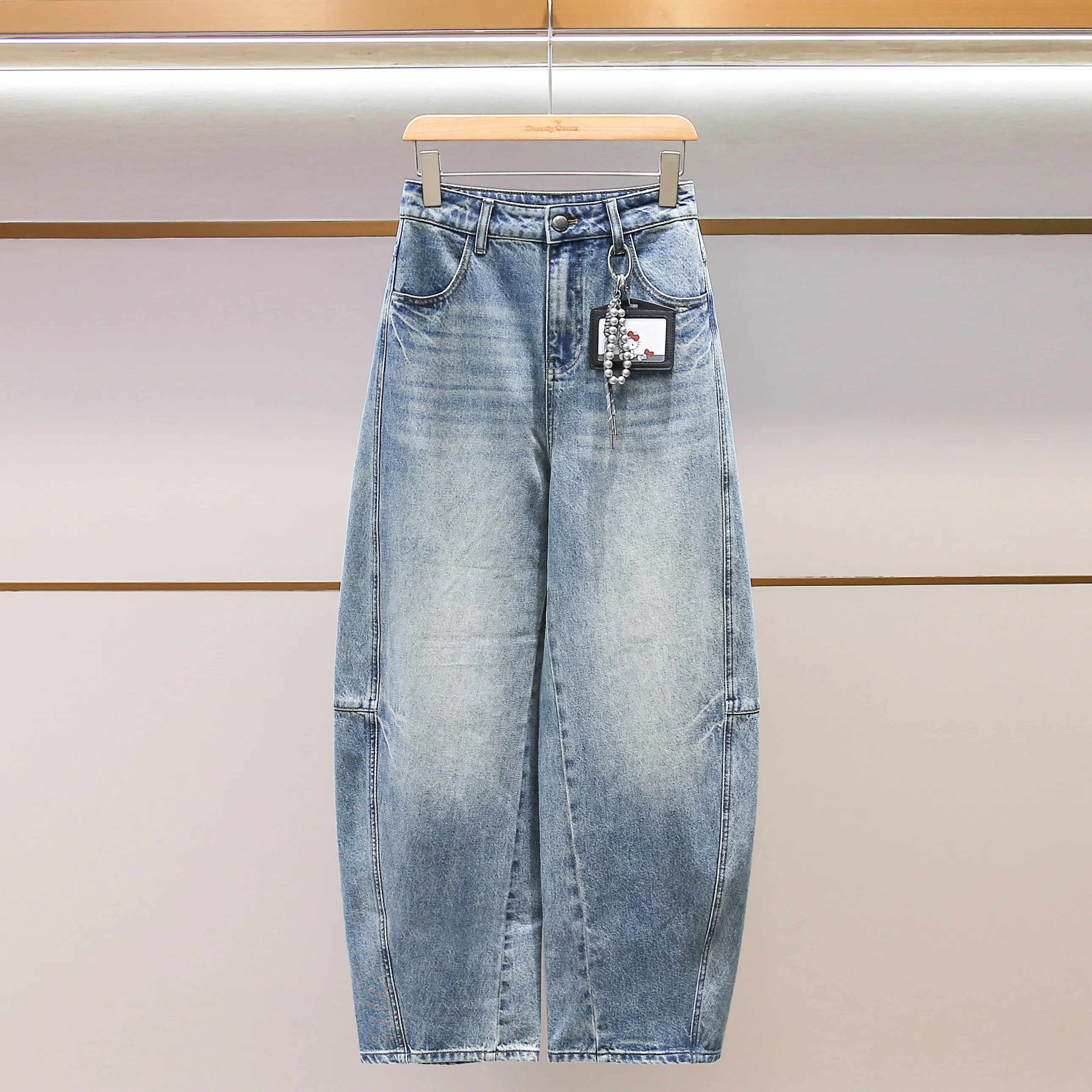 

Джинсы женские с высокой талией, повседневные, премиум-класса, в уличном стиле, с декоративными элементами, осенняя новинка, свободный крой, из денима