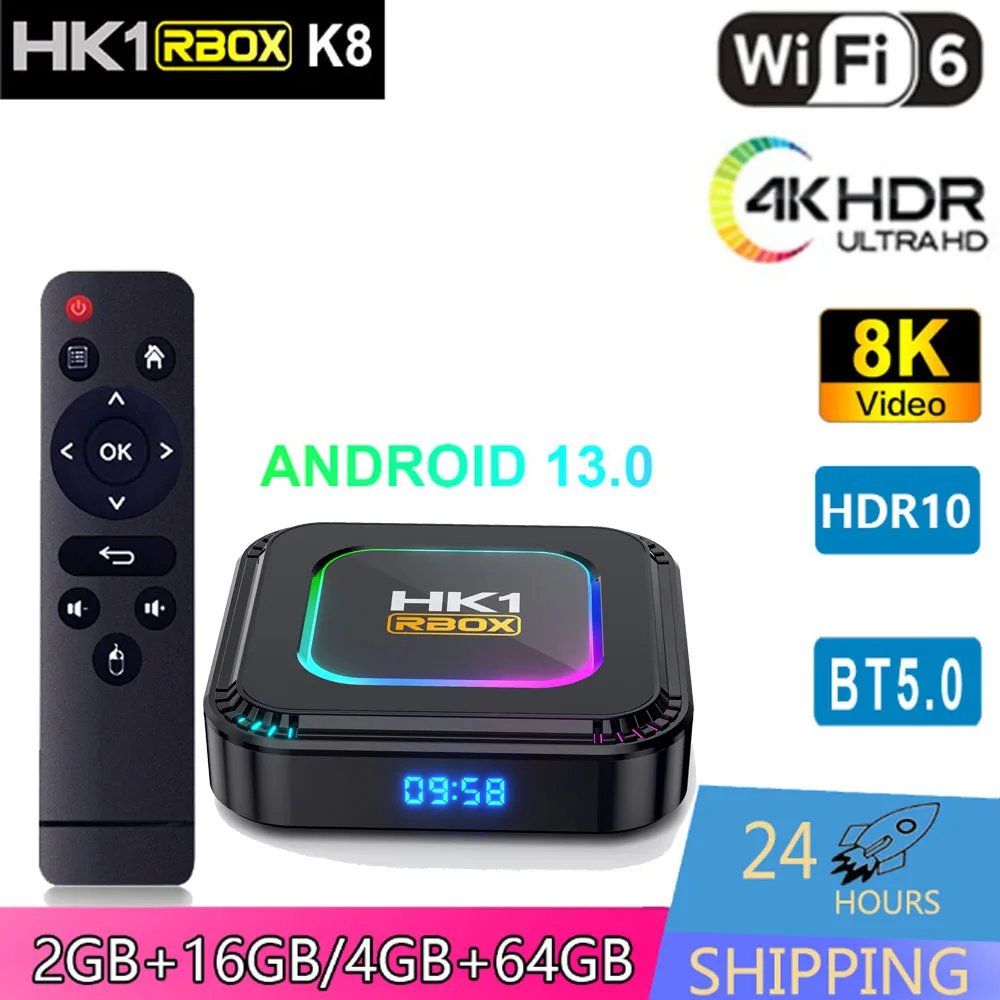 Smart Android TV BOX HK1 K8 8K Video Decoding Media Player Android 13 Set Top Box Ethernet 100M HDR10+ 2.4G&5G BT5.0 Dual WiFi6