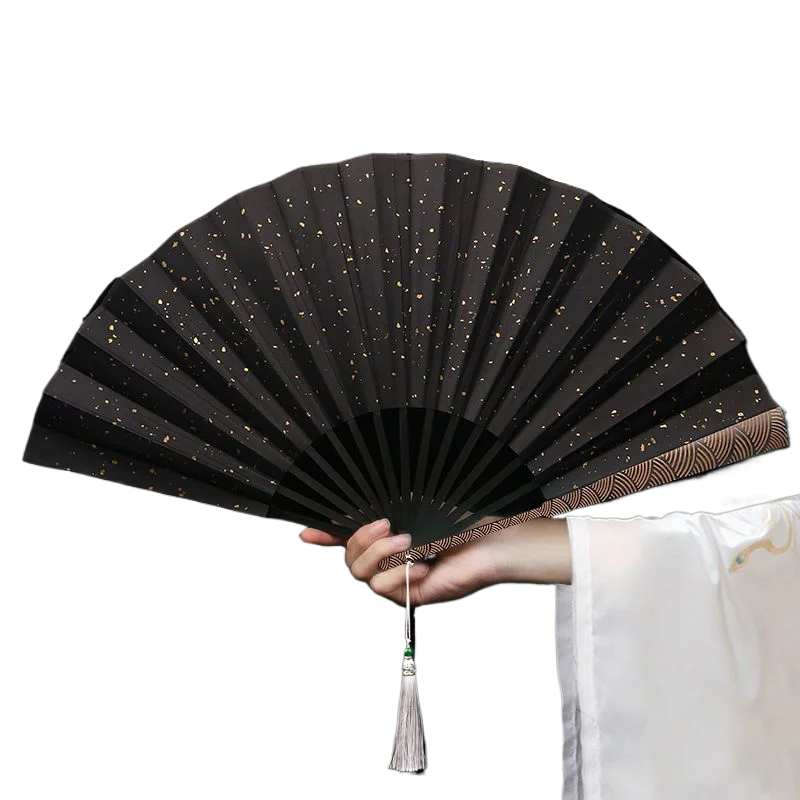 Customized Carved Xuan Paper Folding Fan Black Sprinkled Gold Cloth China-Chic Fan Chinese Style Bamboo Ribs Double-Side Fan