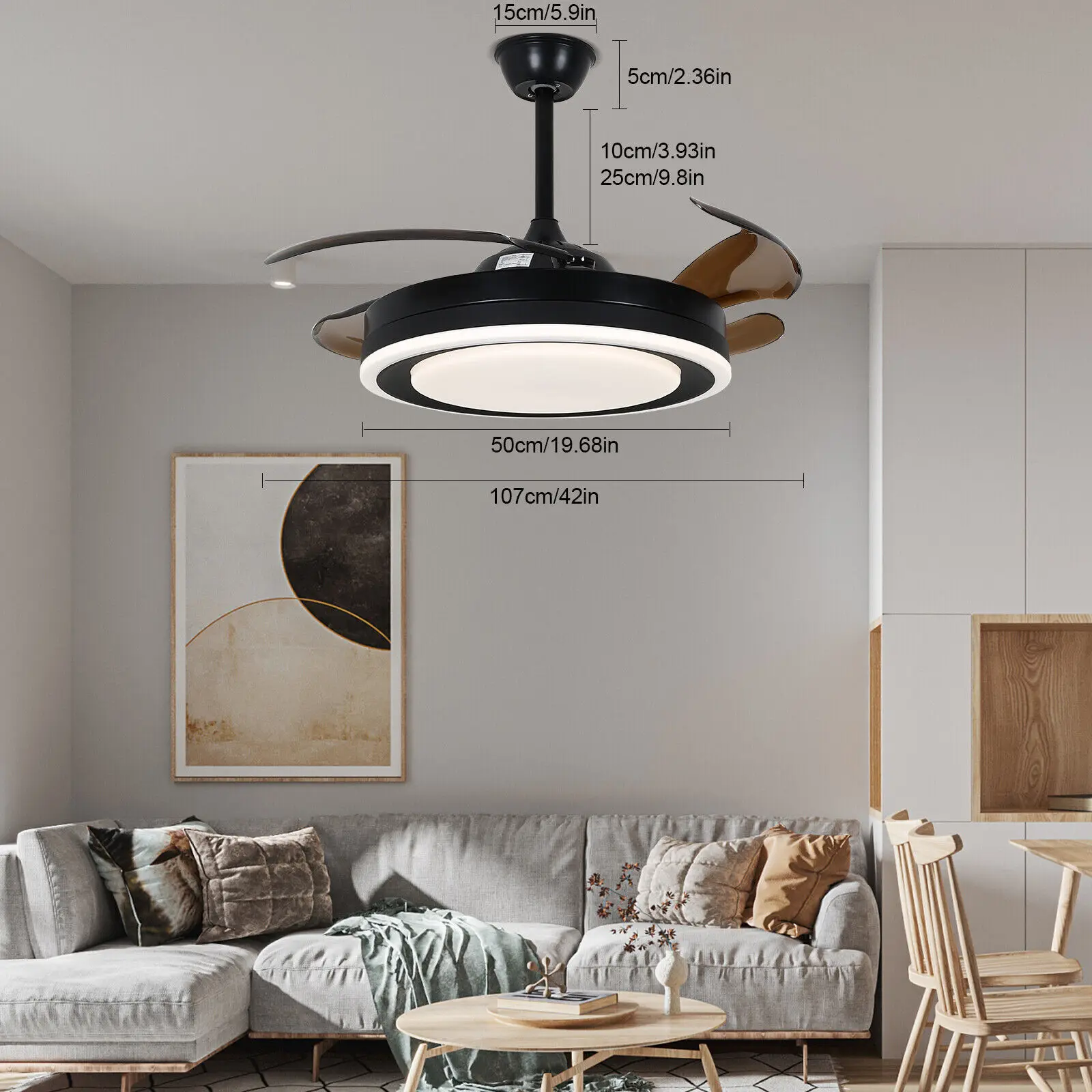 Home Decor Ceiling Fan Light Remote Control LED Chandelier Lamp 42 Inch Retractable Ceiling Fans with Lights for Bedroom/Living