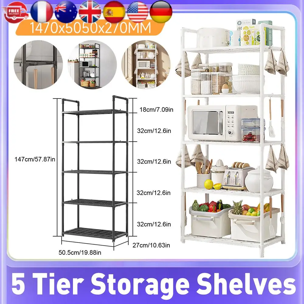 

5-ярусные усиленные стеллажи для хранения, регулируемые напольные полки, грузоподъемность 66 фунтов, для кухни, кладовой, шкафа, ванной комнаты