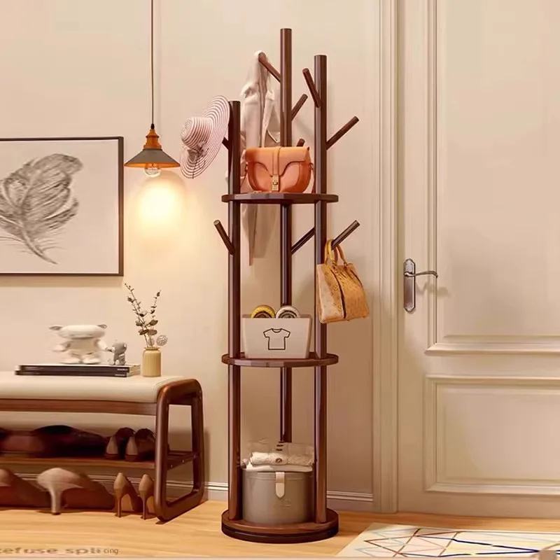 Solid wood coat rack Hanging hanger Floor-to-ceiling bedroom bedside hanger Creative rotating storage