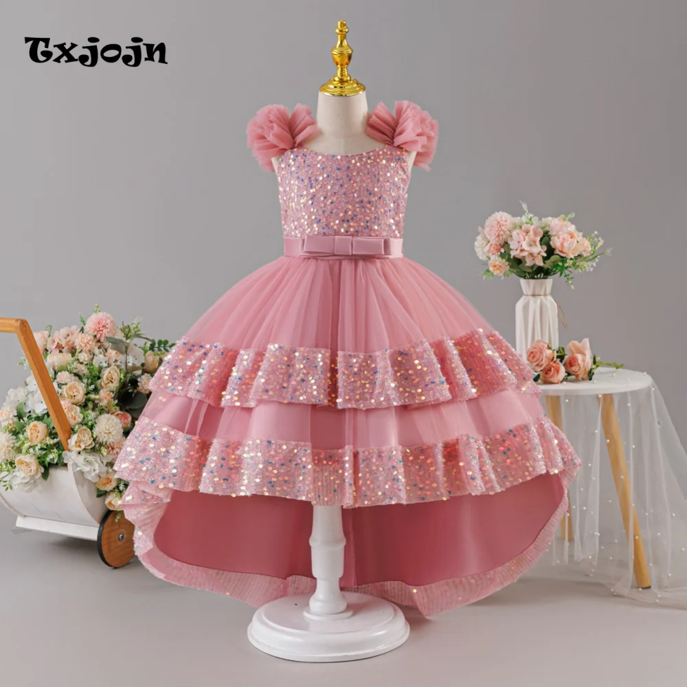 Girl's Dress 3-14 Years Old Girl's Bow Layered Princess Dress Sequin Long Mesh Dress Wedding Dress Flower Girl Performance Dress