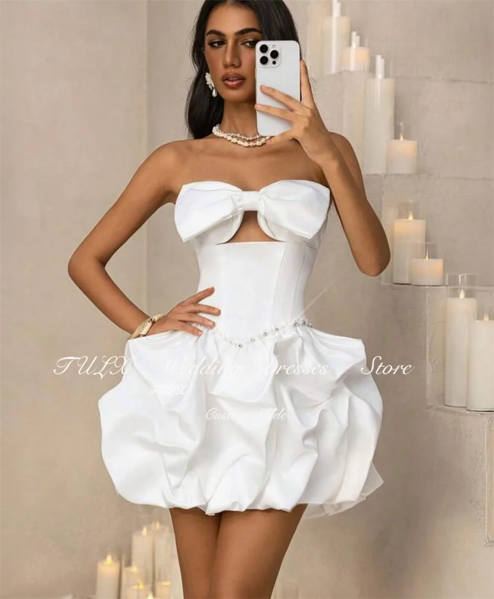 تولكس فساتين زفاف صغيرة من الساتان العاجي مطرز بدون حمالات فيونكة زي العرائس خط قصير مطوي فساتين حفلات الخطوبة حسب الطلب